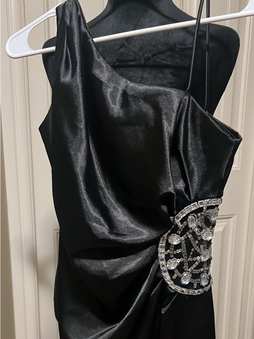le chateau Black Asymmetrical Satin Dress with Embellished Waist